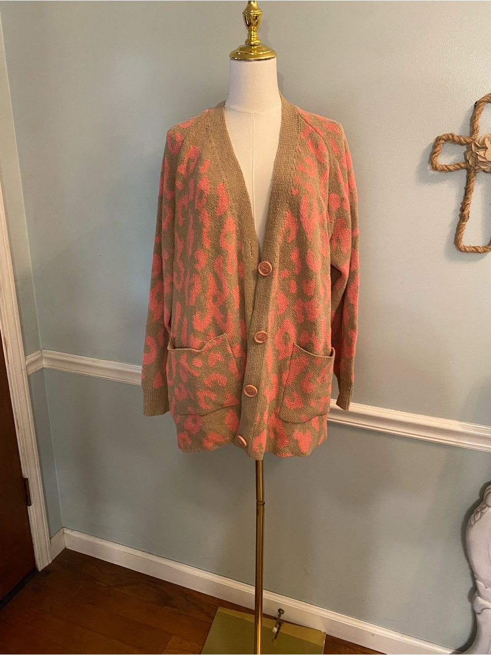 Beige and Pink Leopard Print Button Front Cardigan Sweater